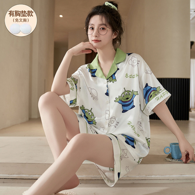 睡衣女夏款冰丝仿真丝绸带胸垫