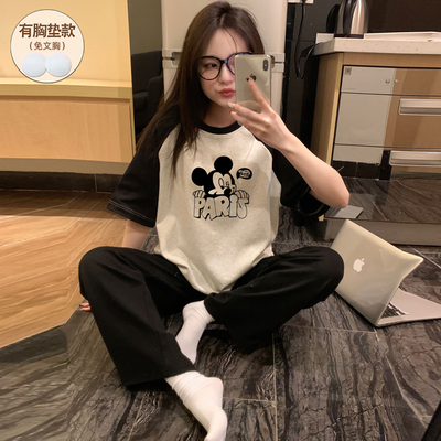 睡衣女款夏带胸垫纯棉短袖可外穿