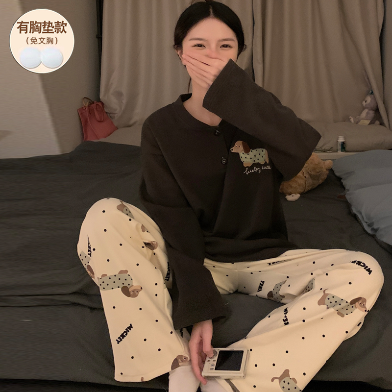 秋冬睡衣女款长袖德绒加厚带胸垫
