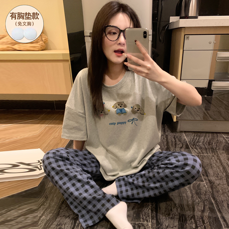 纯棉带胸垫睡衣女款夏短袖长裤2025新款可外穿套装可爱小个子女生