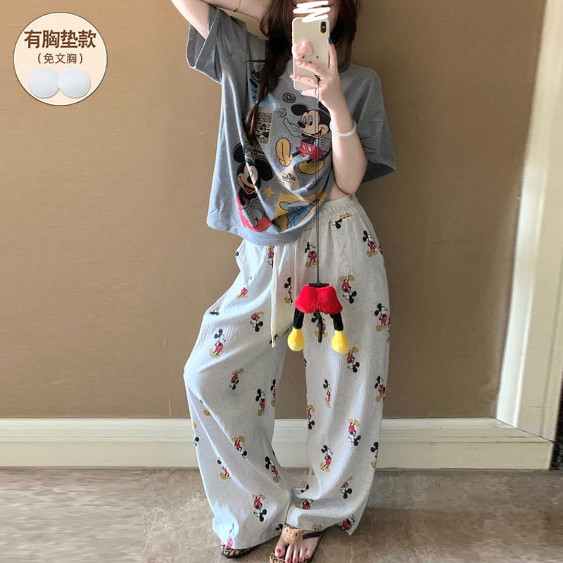 可爱米奇睡衣女款夏带胸垫纯棉短袖长裤2026新款加大码卡通居家服