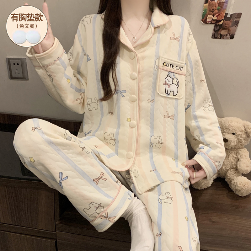 秋冬季睡衣女款长袖空气棉夹层