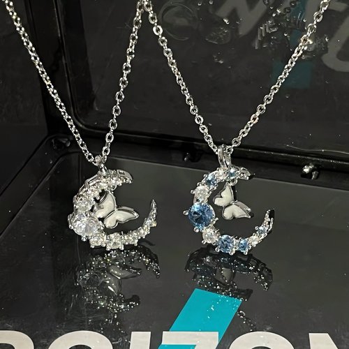 月亮闪钻蝴蝶项链ins风小众星月