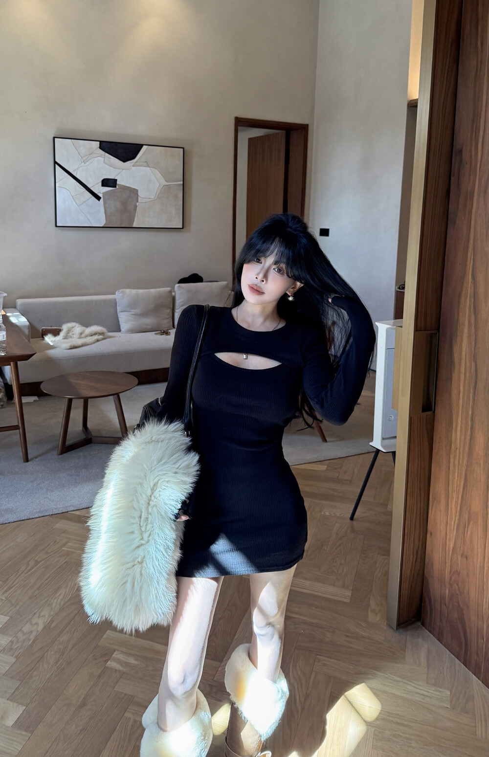 排单2025冬新款韩国东大门镂空露肤小心机螺纹弹力修身连衣裙短裙