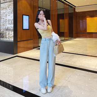 女春夏新款 浅蓝色高腰阔腿无弹牛仔裤 薄料宽松直筒男友裤 特价