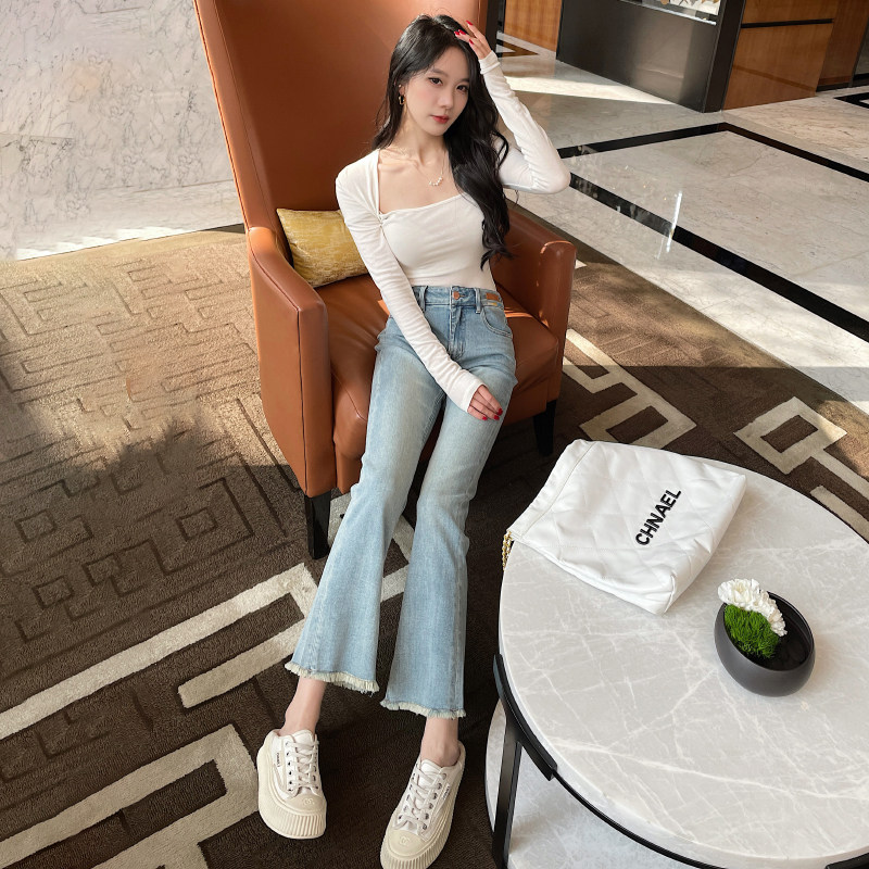 浅蓝色牛仔裤女微喇叭裤个性毛边高腰九分裤2024春季新款显高显瘦