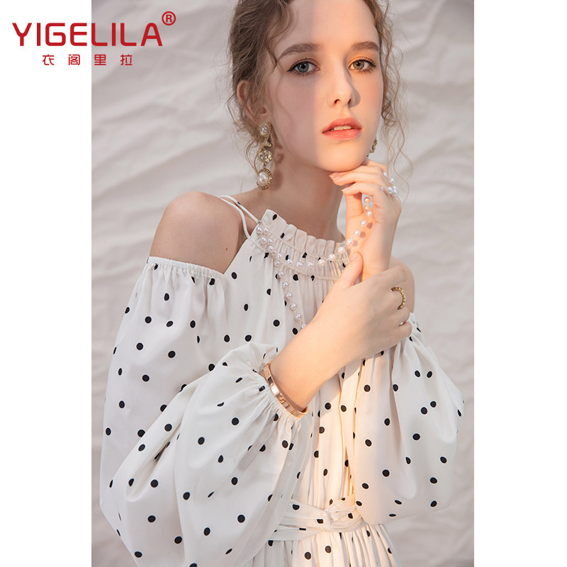 衣阁里拉春夏新款波点露肩长裙小众轻奢挂脖仙女连衣裙设计感礼服