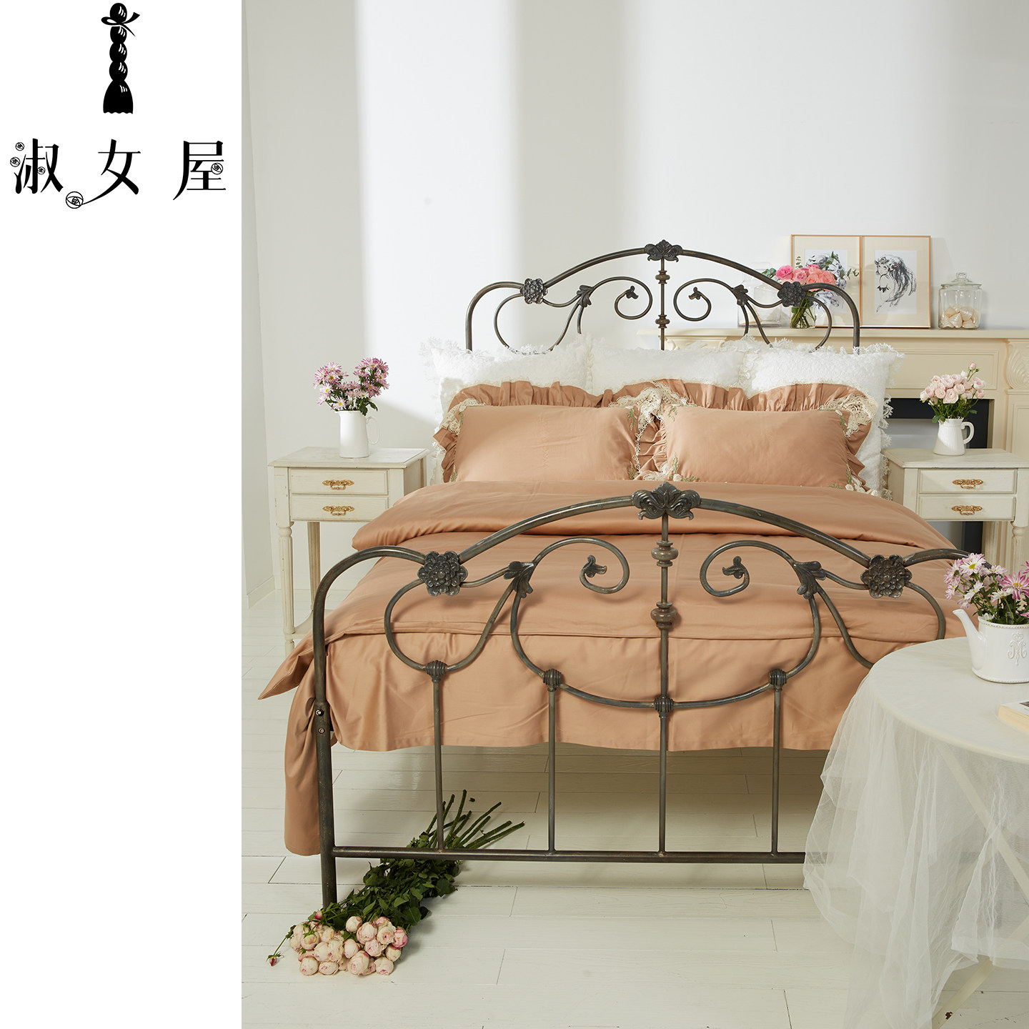 淑女屋轻奢全棉贡缎蕾丝四件套