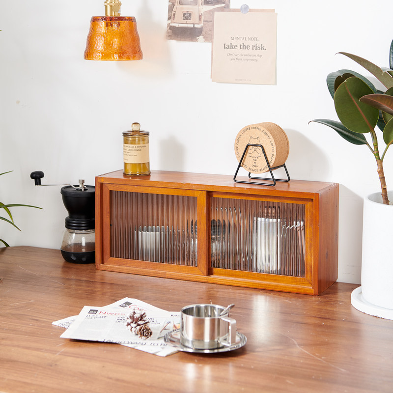 实木桌面装饰收纳复古推拉式储物盒日系香水化妆品玻璃防尘置物柜