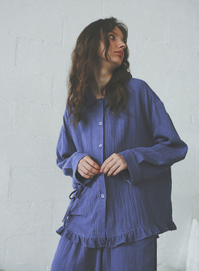 鲸落蓝ju显白木耳边娃娃领色织双层皱皱纱纯棉长袖睡衣家居服套装