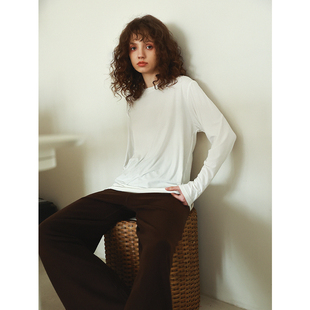 清爽小奶皮 圆领长袖莫代尔t恤女高弹显瘦纯色秋冬百搭打底上衣