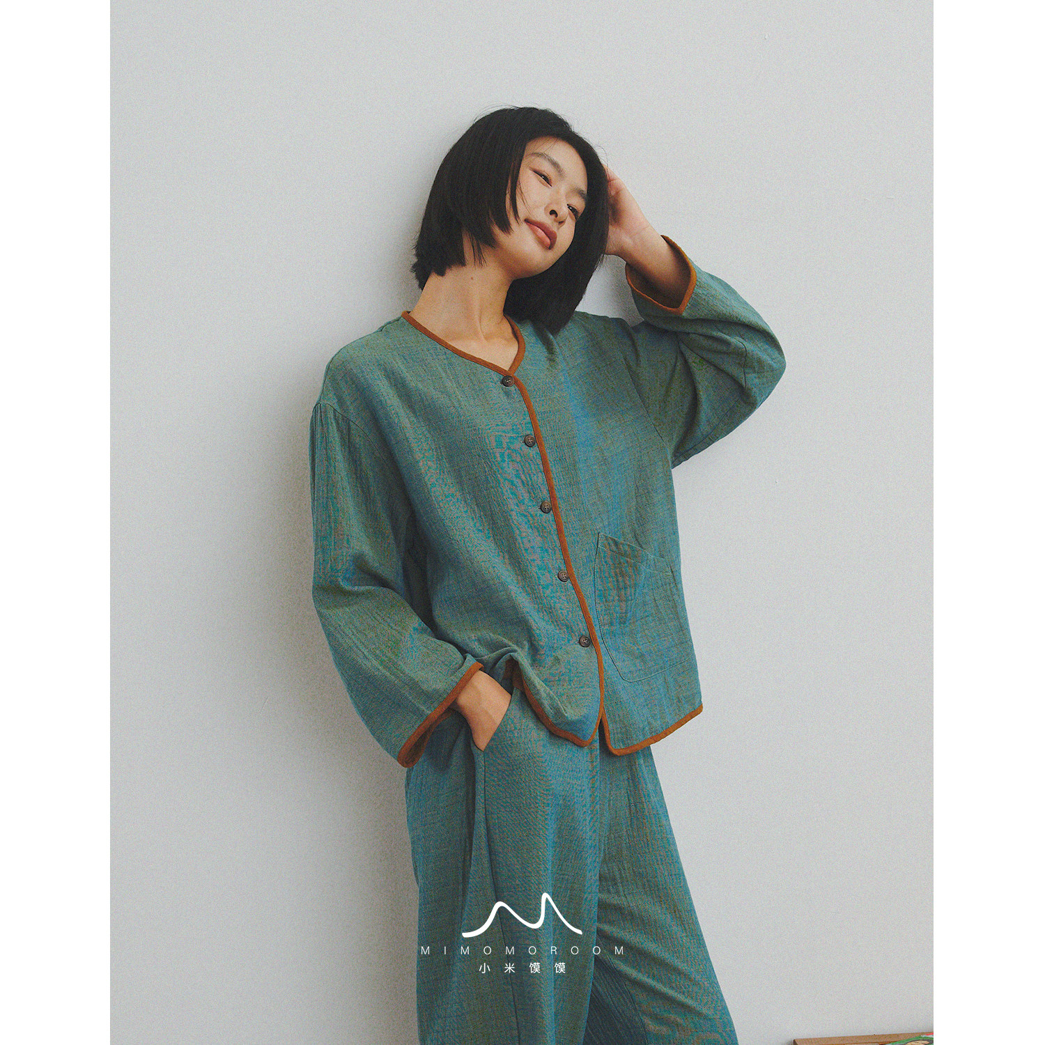 青芜&middot;国风渐变染青绿提花纯棉双层纱长袖长裤睡衣套装家居服新款