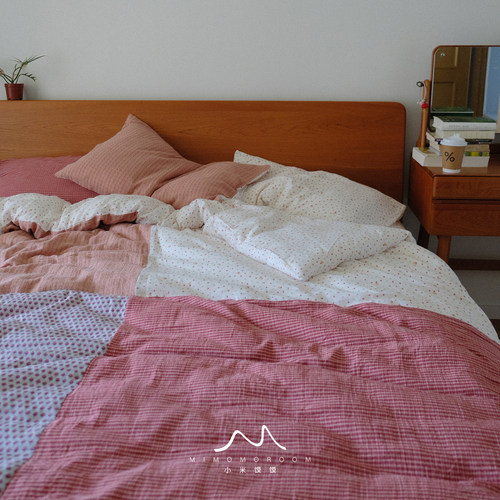 草莓松饼手工拼接加厚色织纯棉双层纱四件套复古清新床单被套床笠