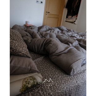 暗调青枝·碎花格子复古风被套四件套纯棉双层纱1.8m床笠床单枕套