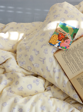 奶黄城堡花园|可爱彩铅动物纯棉纱布宿舍床单被套床笠花边枕套春