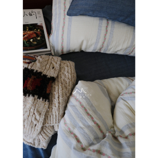 蓝昼花札.提花纯棉碎花条纹被套四件套秋冬卧室床单床笠1.8m床品