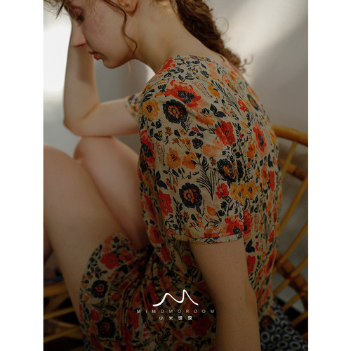 莫奈花显瘦凉爽莱赛尔羊毛柔软透气花卉短袖短裤睡衣女家居服夏季