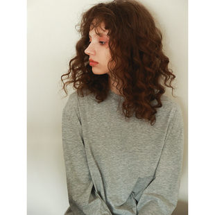 馍馍 圆领螺纹束口袖绵质长袖宽松t恤女灰咖纯色百搭春季打底上衣