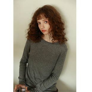 馍馍高品质正肩圆领长袖亲肤内搭麻灰纯色百搭春季修身打底上衣女