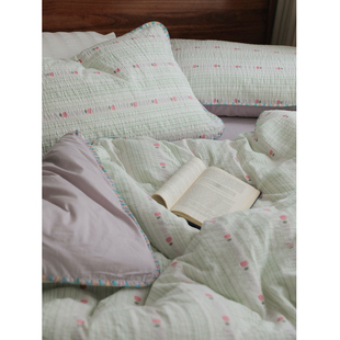 馍馍 纯棉四件套床品1.8m 复古碎花色织提花水洗棉撞色床单床笠式