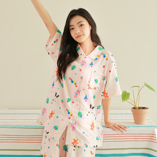 撞色奶芙熊纯棉纱布少女多巴胺家居服衬衫 馍馍原创 领睡衣家居服