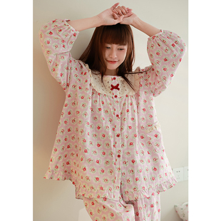 草莓卷曲奇 少女粉色碎花圆领蕾丝纯棉双层纱长袖 睡衣家居服套装