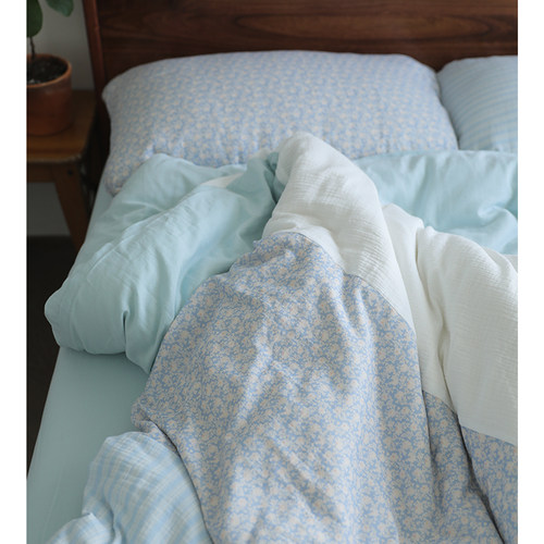 月白烟青丨拼布风全棉双层纱四件套亲肤柔软床单被套床上用品