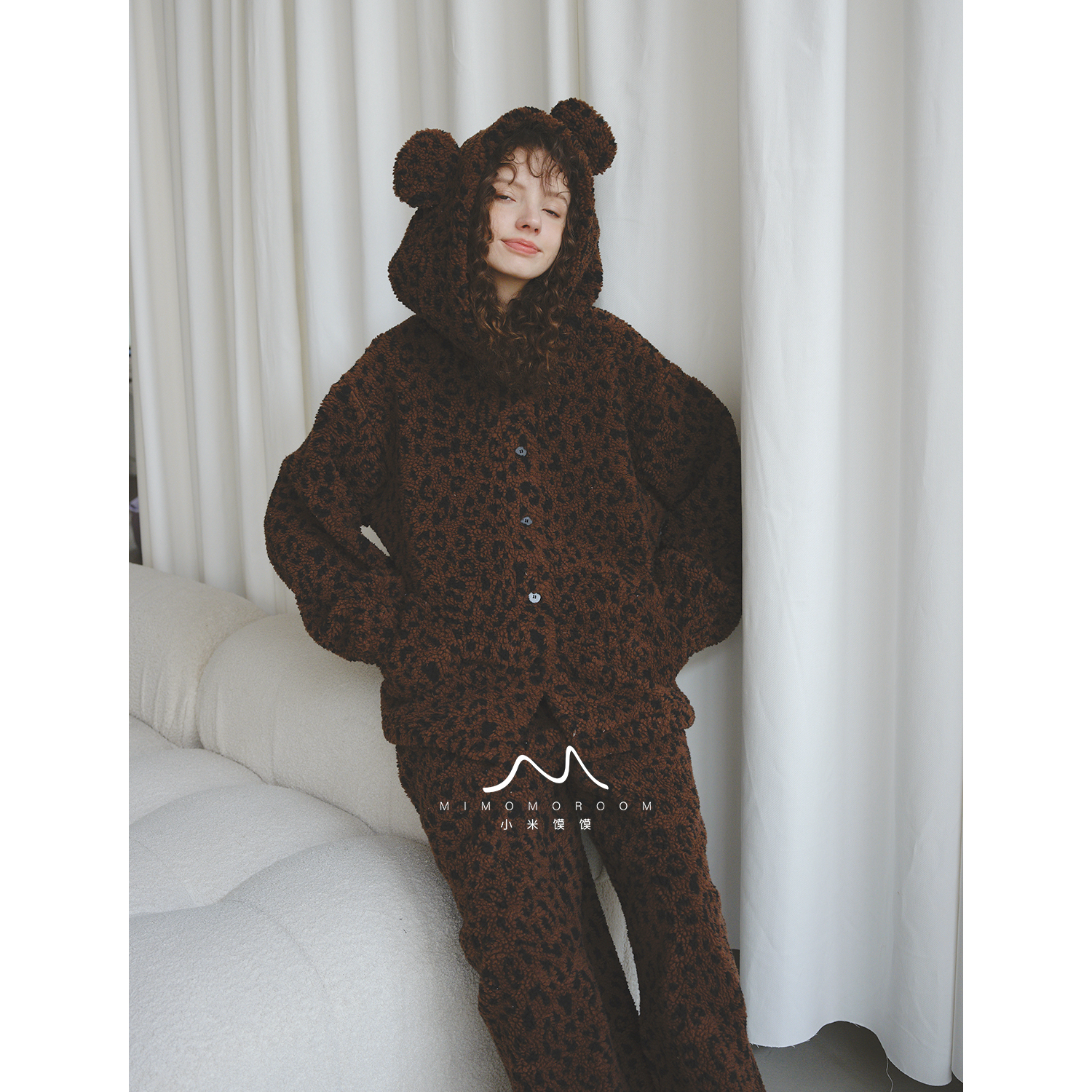 深咖豹纹深色连帽双面两层绒秋冬加厚保暖绒家居服套装