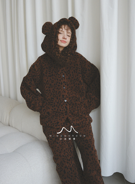 深咖豹纹深色连帽双面两层绒秋冬加厚保暖绒家居服套装