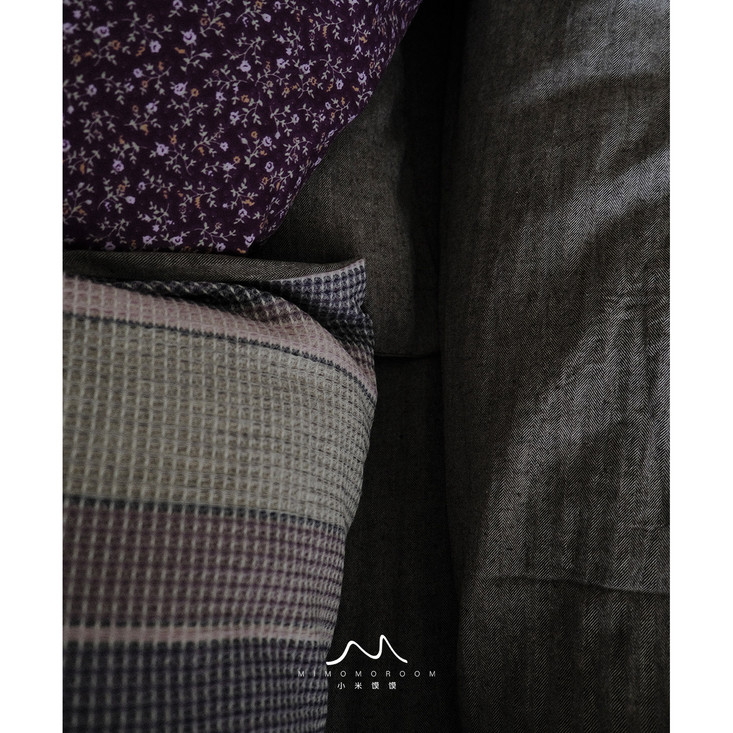 低饱和紫条纹棉麻华夫格提花透气被套床单枕套四件套加厚床上用品