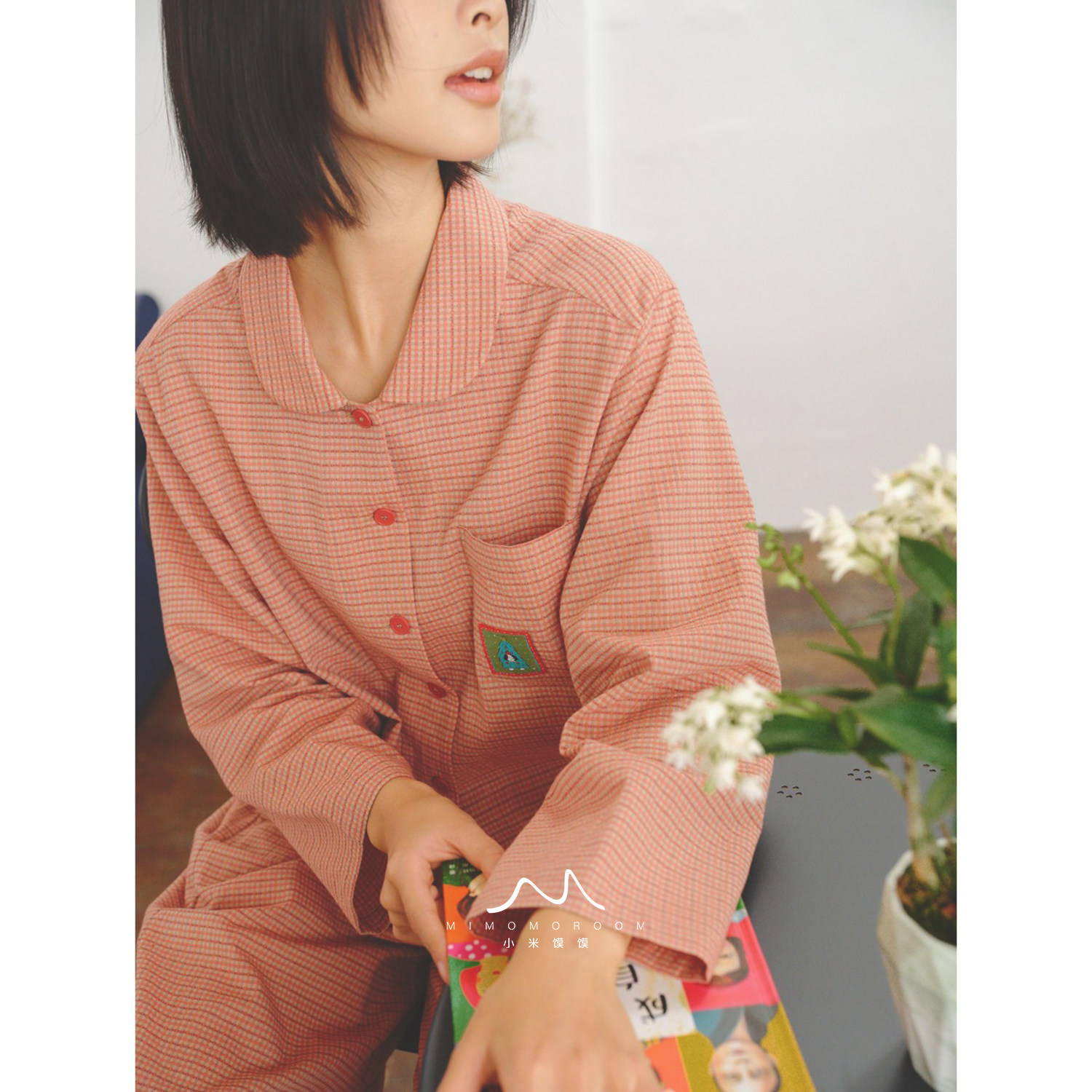 原创显白减龄橘粉跳跳格子睡衣套装提花纯棉短袖长袖长裤家居服新