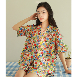 手绘细节款 睡衣家居服春夏 插画人物精梳纯棉手绘风色彩短袖 短裤