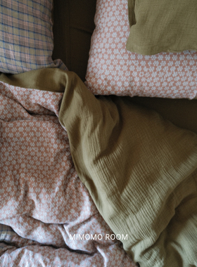 绿影标本|手工拼接加厚全棉色织双层纱床单被套复古四件套赠1枕套