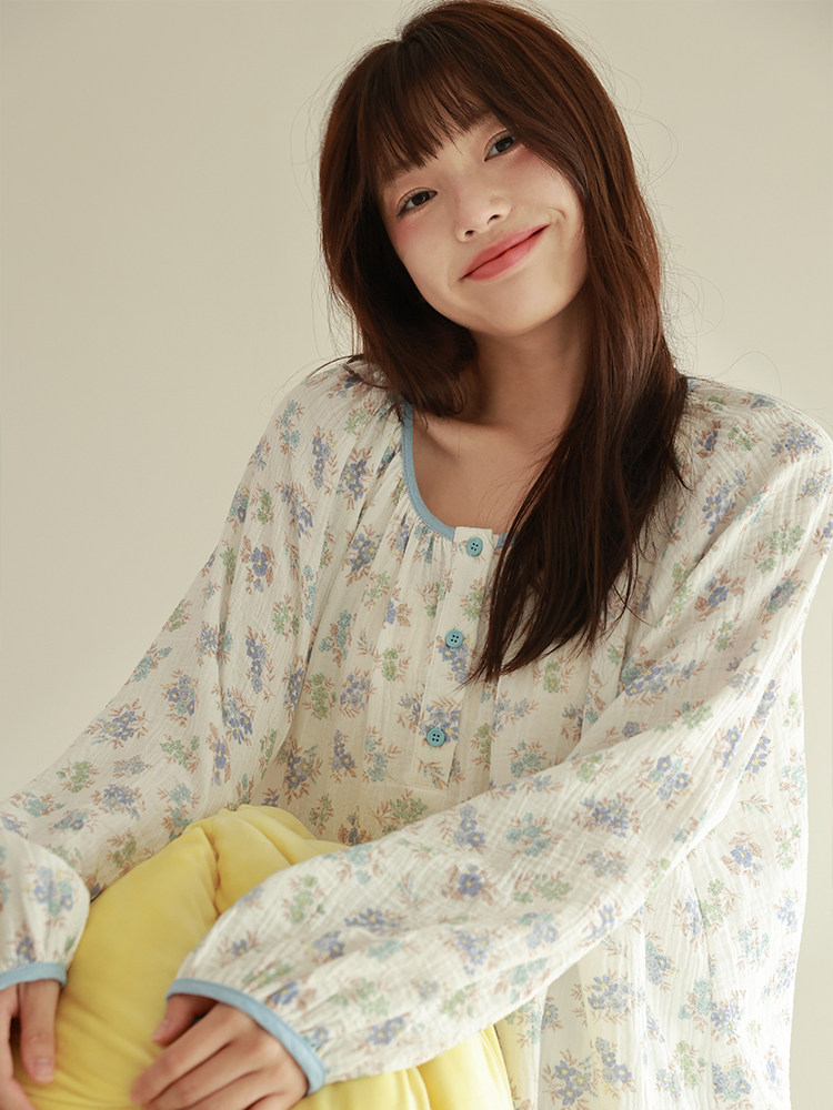 小漫春曲 纯棉皱皱双层纱布少女复古碎花长袖长裤加厚家居服睡衣