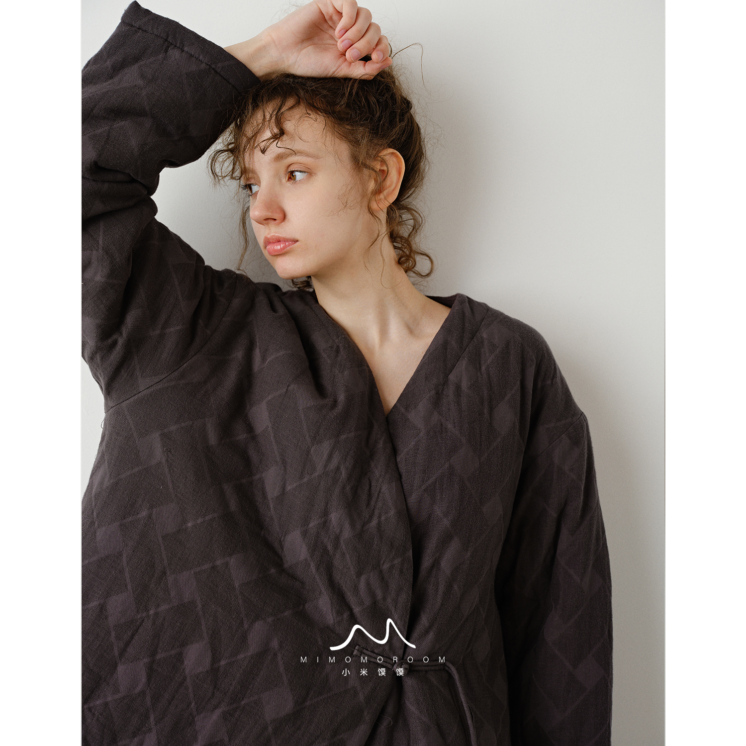 菱纹叙国风深灰三层夹棉服棉布加厚秋冬保暖睡衣棉衣裤套装家居服