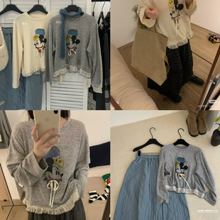 T恤2920 小众设计米奇拼蕾丝长袖 milk 冬上新主推爆款