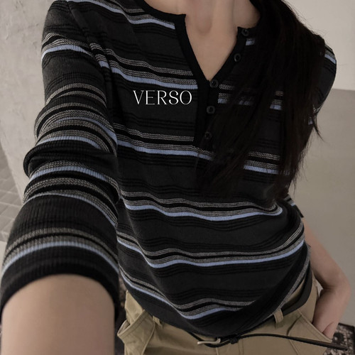 VERSO-秋上新复古条纹半开领长袖针织衫A-01