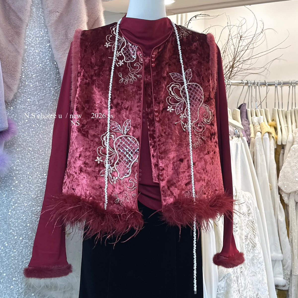 NS CHOICE U-刺绣葫芦钉珠片工艺夹棉马甲(配可拆卸鸵鸟毛边)5175,女装/女士精品,马夹,淘宝优惠券,粉丝福利购,淘宝优惠卷