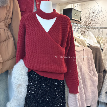 S CHOICE U-圣诞红～法式设计感挂脖交叉V领百搭显瘦保暖毛衣6209