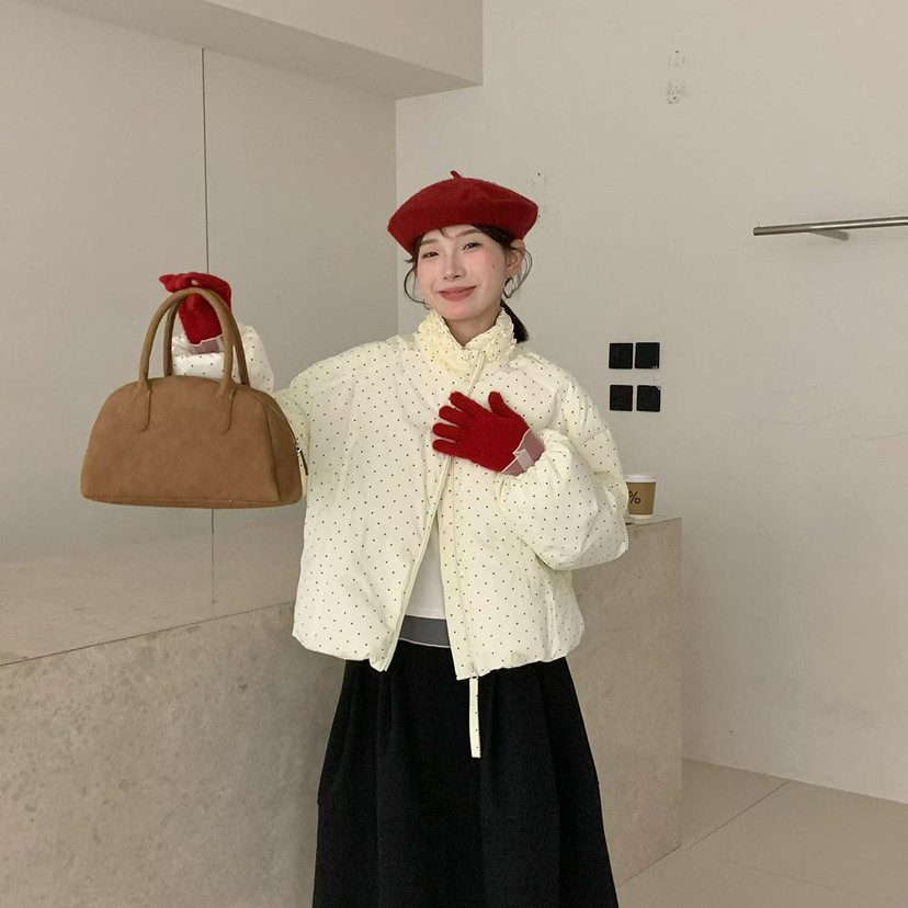 买手严选-泡菜馆-波点图案绗缝工艺立领保暖羽绒服外套YS1-88105