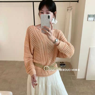 DUO MI-浅色系镂空宽松上衣配腰带显瘦气质保暖毛衣(配腰带)9332