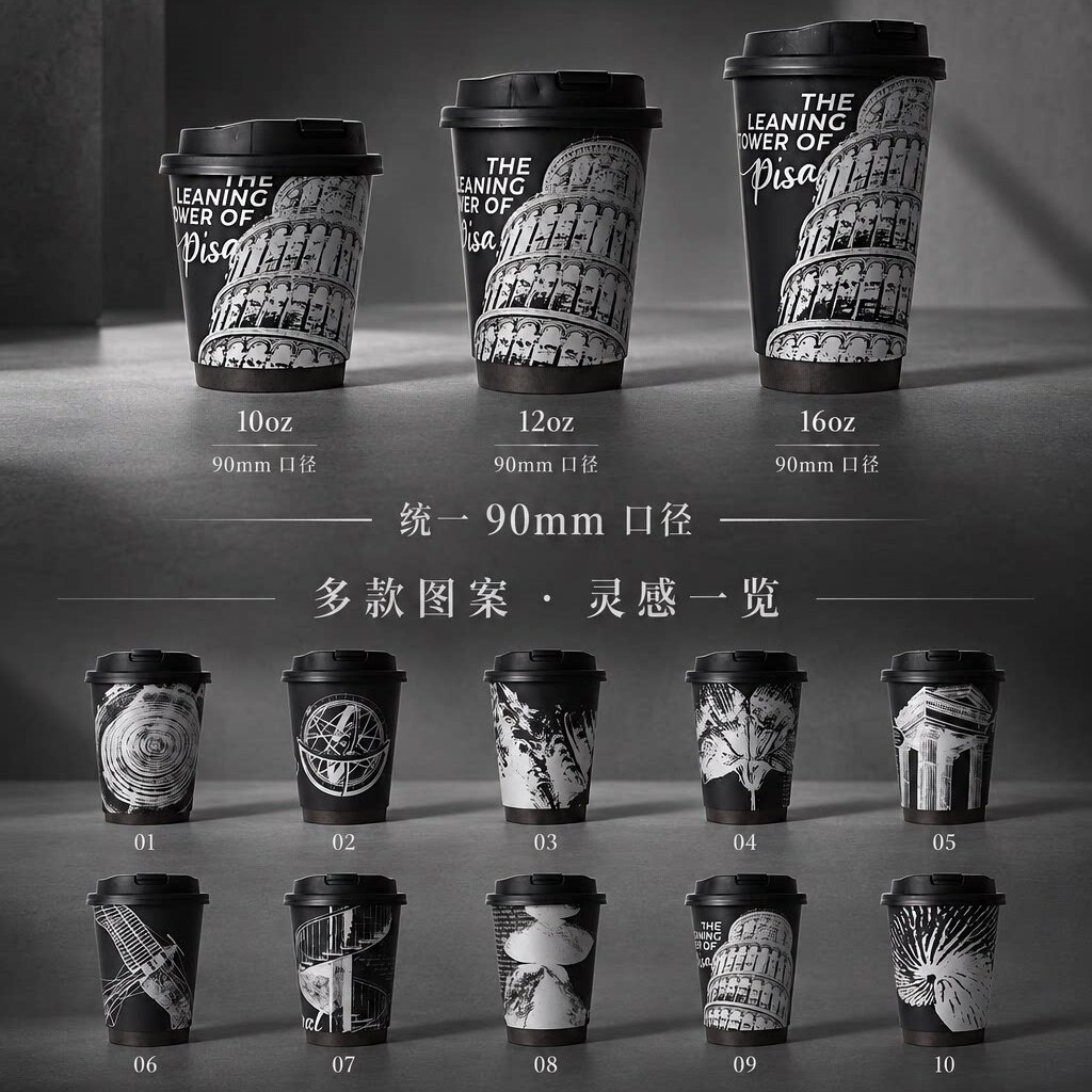 一次性黑色艺术触感纸杯高档加厚双层中空杯咖啡奶茶外卖打包纸杯