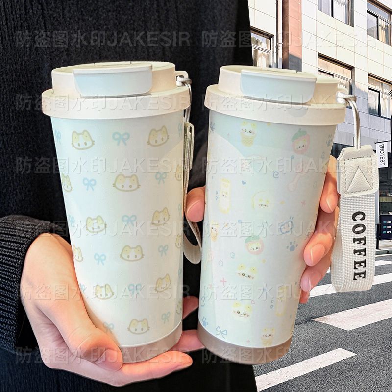 棉花糖猫可爱保温杯不锈钢学生高颜值吸管双饮大容量咖啡水杯图片