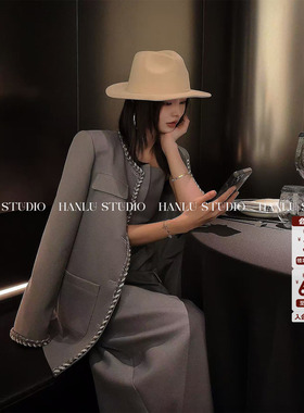 HanLu studio品牌线·系列高质感织带拼接立体剪裁灰色西装外套女