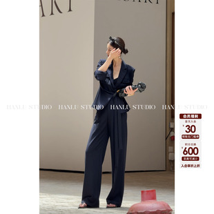 HanLu studio品牌线·高智极简藏青色明线高腰直筒长裤