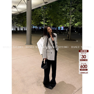 HanLu studio小众原创设计特定黑白编织面羊毛直筒立裁西装外套冬
