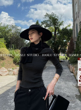 HanLu studio超细100精纺羊毛中高领打底花灰色针织长袖上衣