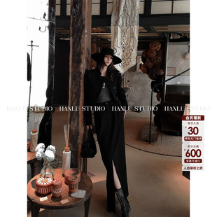 HANLU STUDIO品牌小众解构不规则设计高腰直筒前开叉毛呢半身裙黑