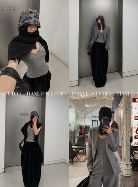 HanLu studio品牌小众时髦精立裁收腰酷辣灰色毛呢羊毛吊带上衣冬