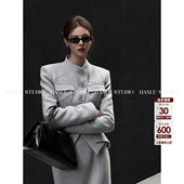 HanLu studio品牌线·小众原创90白鸭绒立体收腰灰色羊毛羽绒服冬